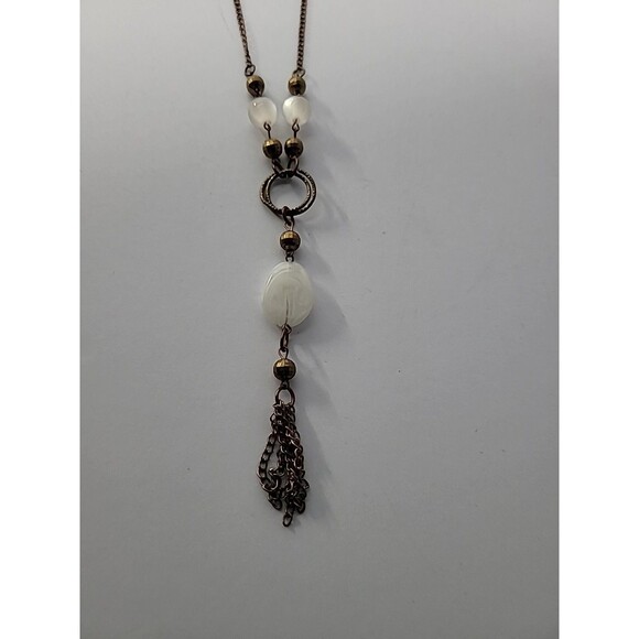 Vintage Gold Tone Tassel Necklace White Bead Boho Statement Pendant Jewelry - Picture 8 of 13